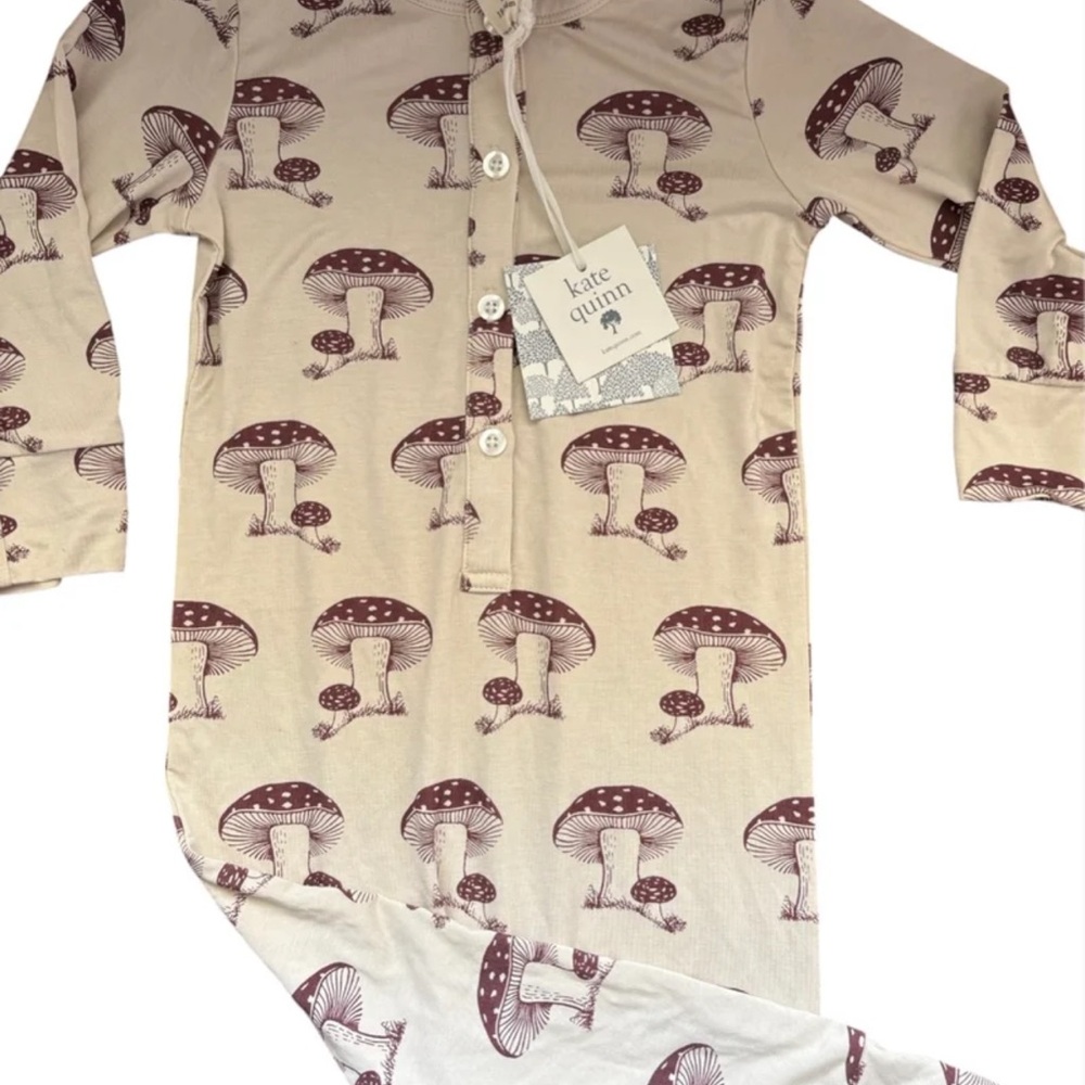 Kate Quinn Bamboo long sleeve Henley Jumpsuit with Brown Mushroom Design